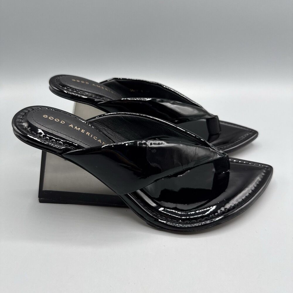 Good American Clear Wedge Black Patent Leather Sandal Heels Size 10